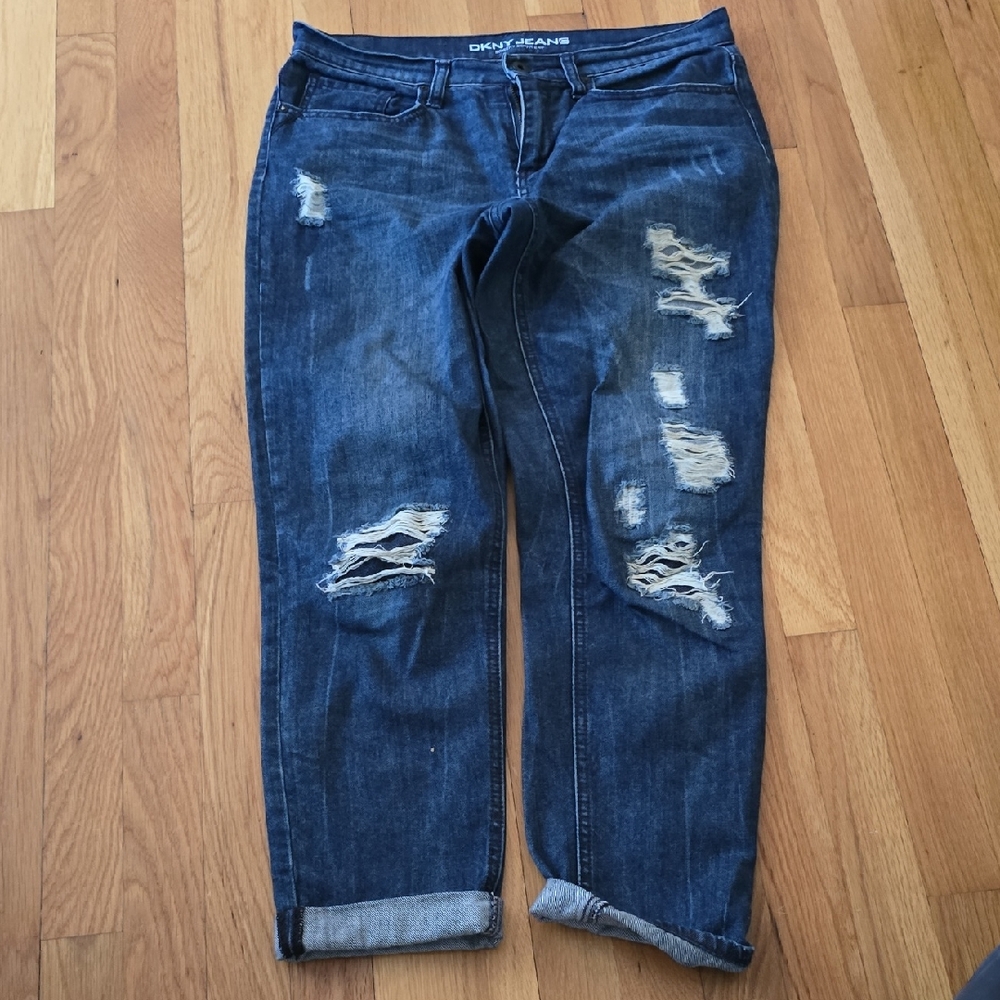 DKNY Women's Ripped Dark Blue Boyfriend Jeans